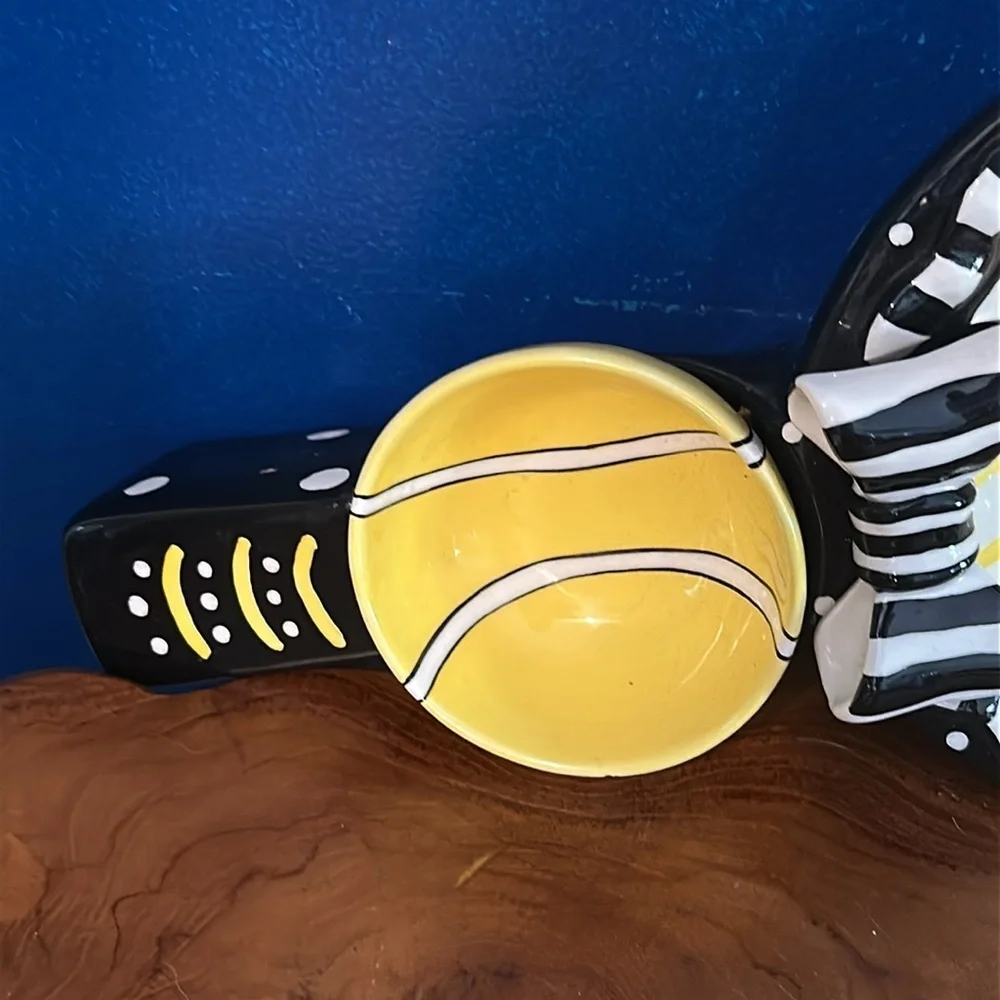 Ceramic Whimsical Yellow & Black Tennis Racket and Ball Chip & Dip Platter
